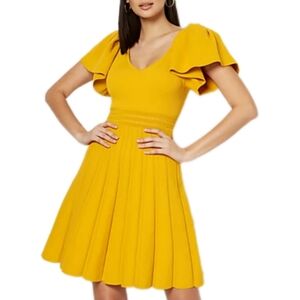NY&C New York & Co Eva Mendes Geneva Midi Dress Short Sleeve Mustard Yellow XL
